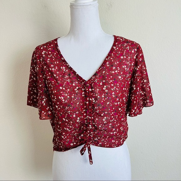 NWOT Red Floral Cinched Tie Blouse - Picture 1 of 12